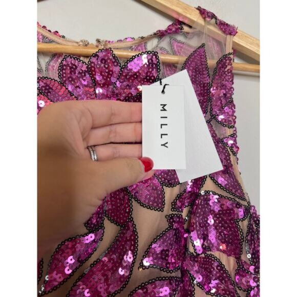 NWT Milly Kinsley Floral Garden Sequin Back Slit Sheath Midi Dress Purple Sz 8 - Picture 6 of 11